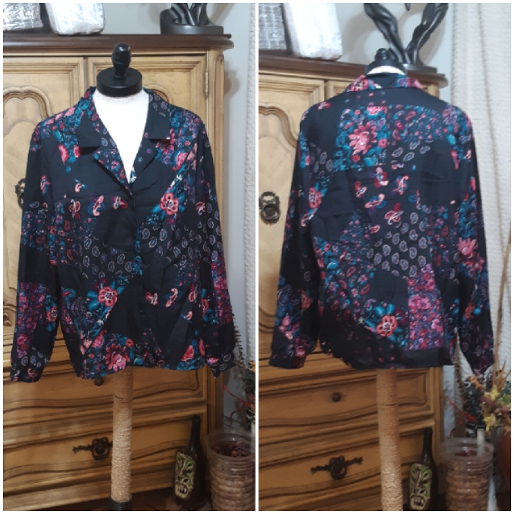 Womens DONN KENNY floral blouse Sz L / XL Long Sleeve Lightweight Spring Summer